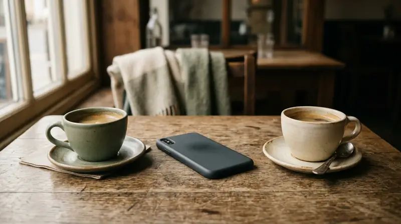 İki kahve fincanı arasında ters çevrilmiş telefon