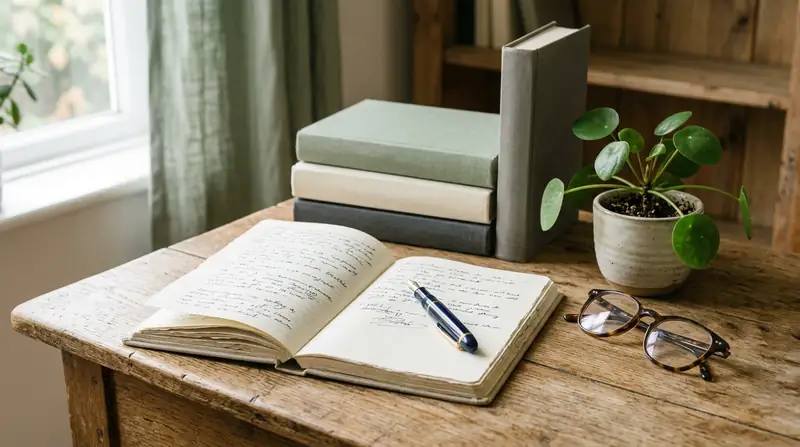 Masada açık defter, dolma kalem ve gözlük