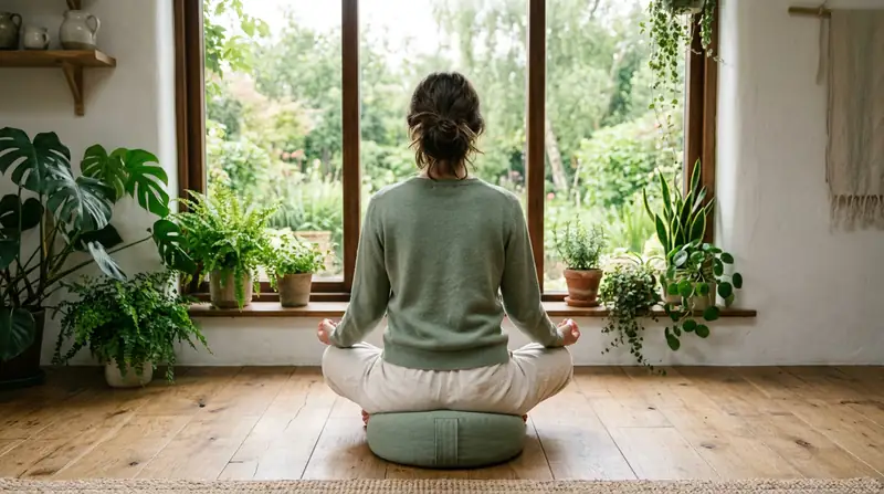 Pencere önünde bağdaş kurup meditasyon yapan kişi