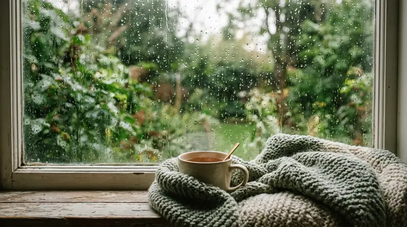 Yağmur damlalı pencere ve pervazda çay